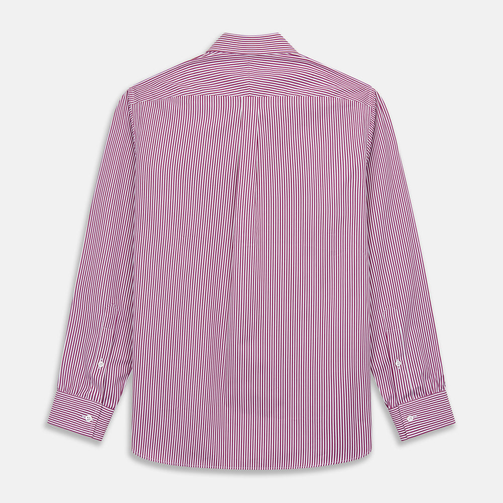 The Turnbull & Asser Purple & White Stripe Weekend Fit Shirt features a Derby collar, chest pocket, and 1-button cuffs—ideal for casual weekends.
