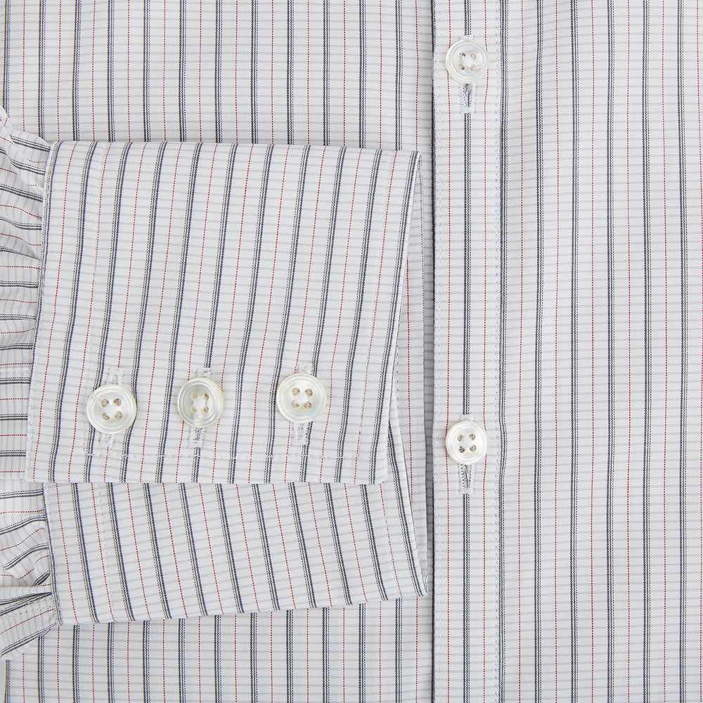 A red and navy graph check Westminster shirt by Turnbull & Asser with a formal collar and tailored fit, featuring a button-up front and buttoned cuffs, laid flat on a white background.