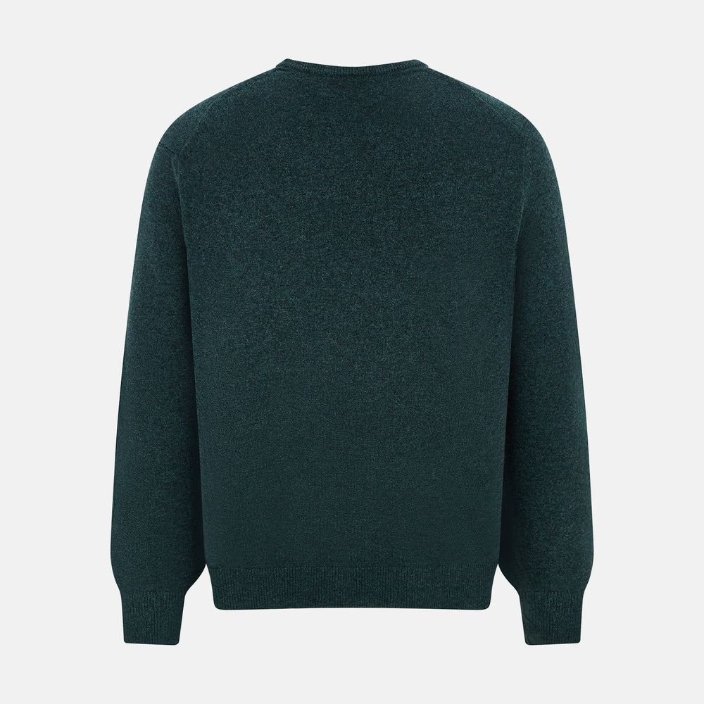 The Turnbull & Asser Forest Green Cashmere V-Neck Jumper features long sleeves, ribbed cuffs, collar, and hem. Shown against a white background, it's a classic knitwear piece ideal for layering.