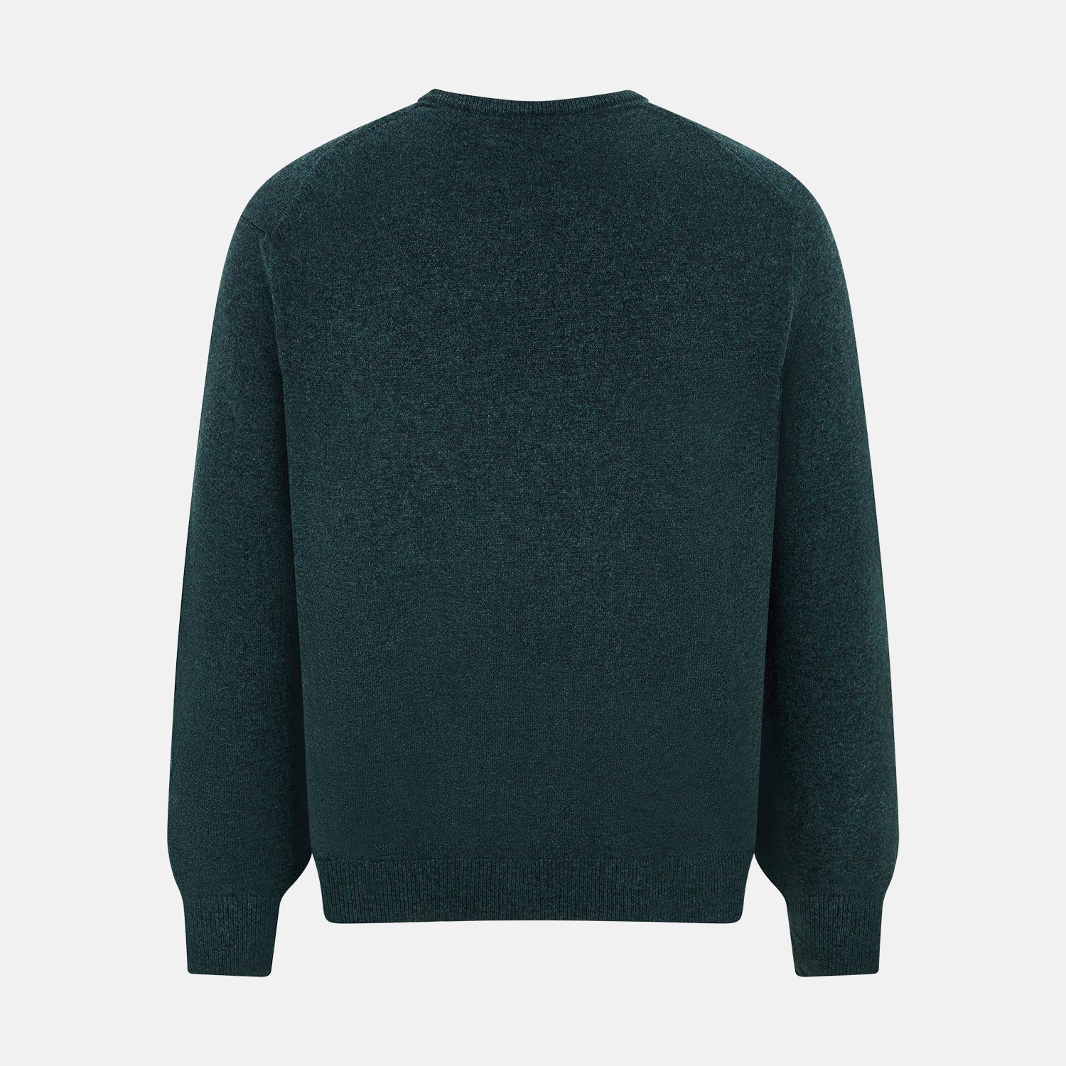 View 3 of product The Turnbull & Asser Forest Green Cashmere V-Neck Jumper features long sleeves, ribbed cuffs, collar, and hem. Shown against a white background, it's a classic knitwear piece ideal for layering.