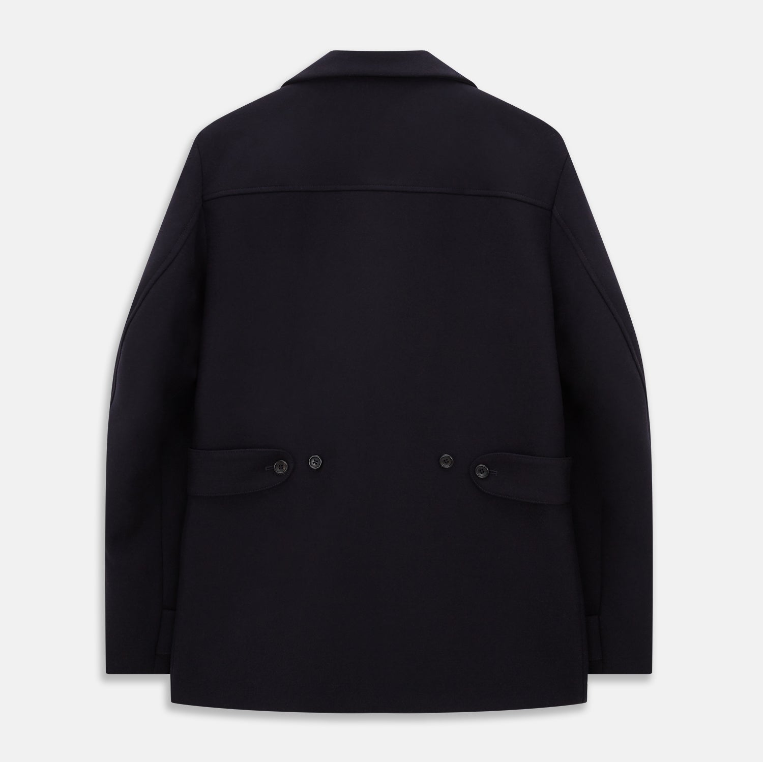 View 3 of product The Turnbull & Asser Navy Wellington Double-Breasted Caban Coat features wide lapels, six front buttons, a chest pocket, and two side pockets with buttoned flaps—ideal for polished formal wear.