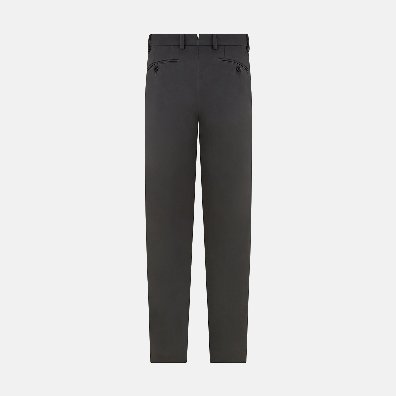 View 3 of product The Grey Henry B Trousers by Turnbull & Asser are straight-leg, feature belt loops, front pockets, a flat front, and are crafted from premium Italian cotton. Shown against a plain white background.