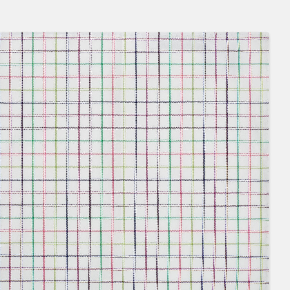 The Turnbull & Asser Green Multi Double Grid Check Hand-Rolled Handkerchief features a white base with thin blue, pink, and green lines forming small squares, finished with elegant hand-rolled edges.