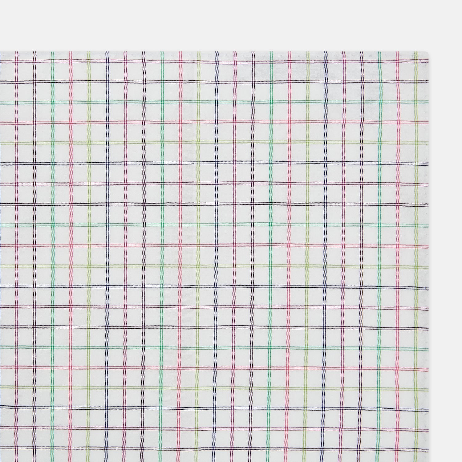 View 2 of product The Turnbull & Asser Green Multi Double Grid Check Hand-Rolled Handkerchief features a white base with thin blue, pink, and green lines forming small squares, finished with elegant hand-rolled edges.