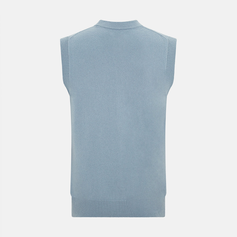 The Turnbull & Asser Frost Blue Cashmere Sleeveless Cardigan features a V-neck, five black buttons, two front pockets, and ribbed trim—ideal for layering in sophisticated outfits.