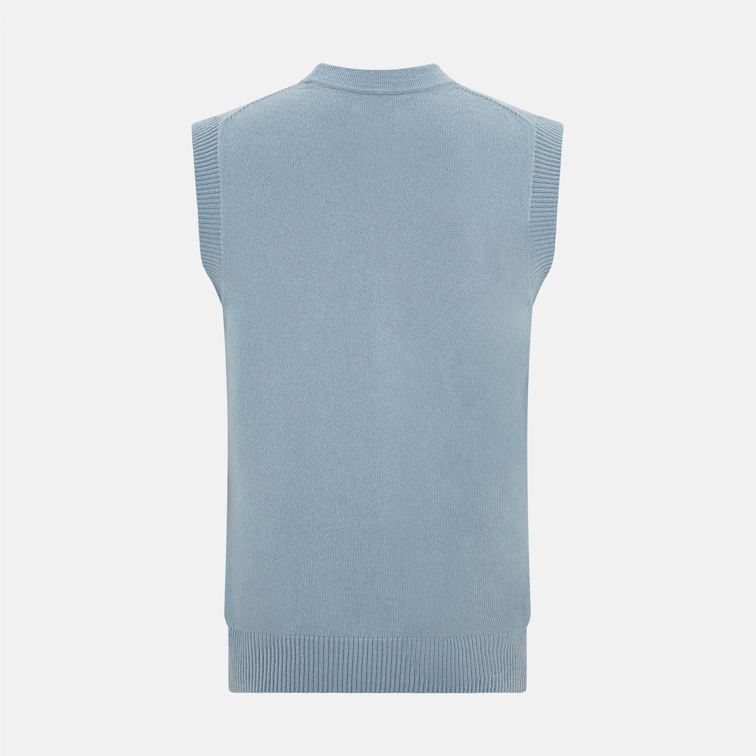 View 3 of product The Turnbull & Asser Frost Blue Cashmere Sleeveless Cardigan features a V-neck, five black buttons, two front pockets, and ribbed trim—ideal for layering in sophisticated outfits.