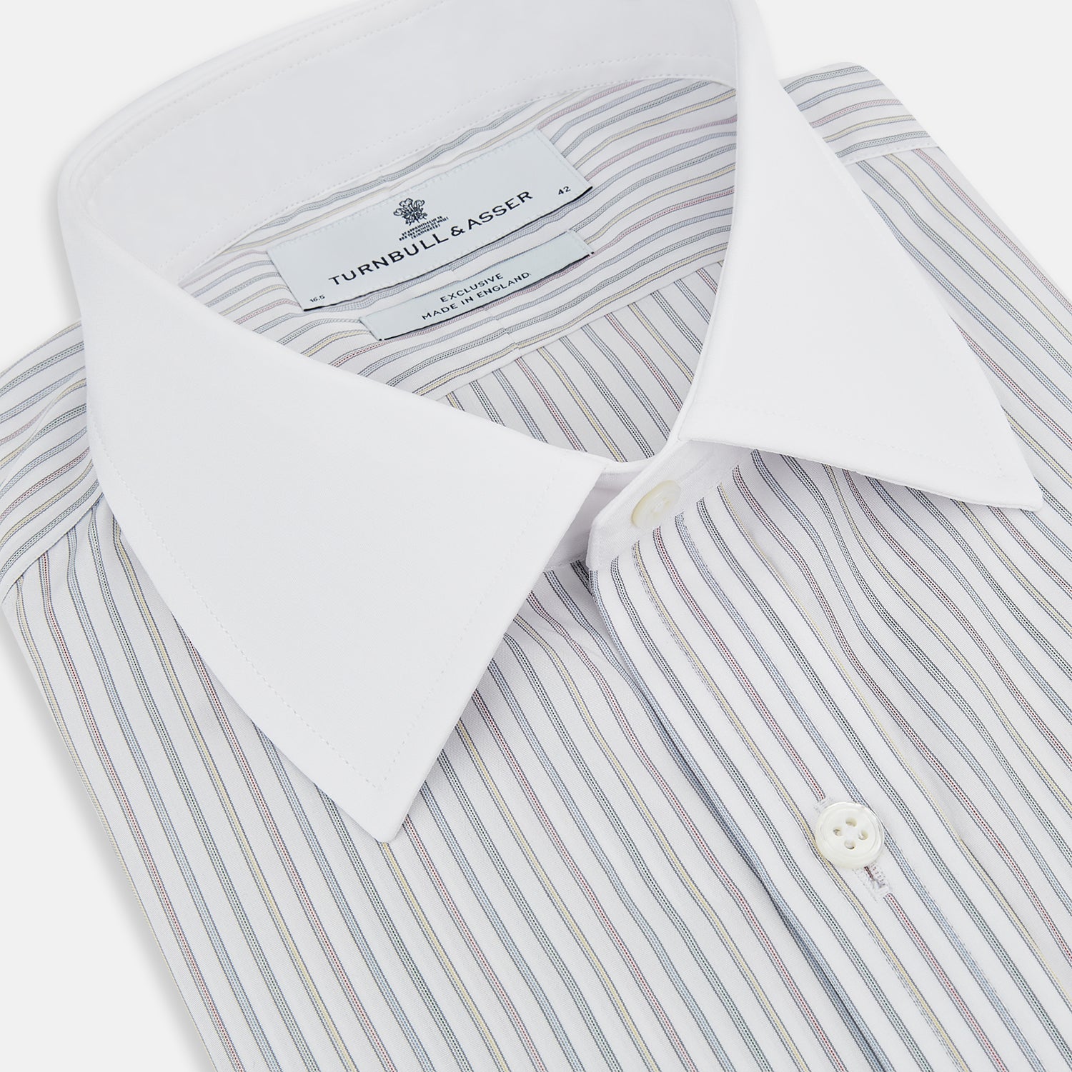 View 2 of product The Turnbull & Asser Multicoloured Music Stripe Shirt features a classic fit, contrast collar, and double cuffs—an elegant British design displayed on a plain light background.
