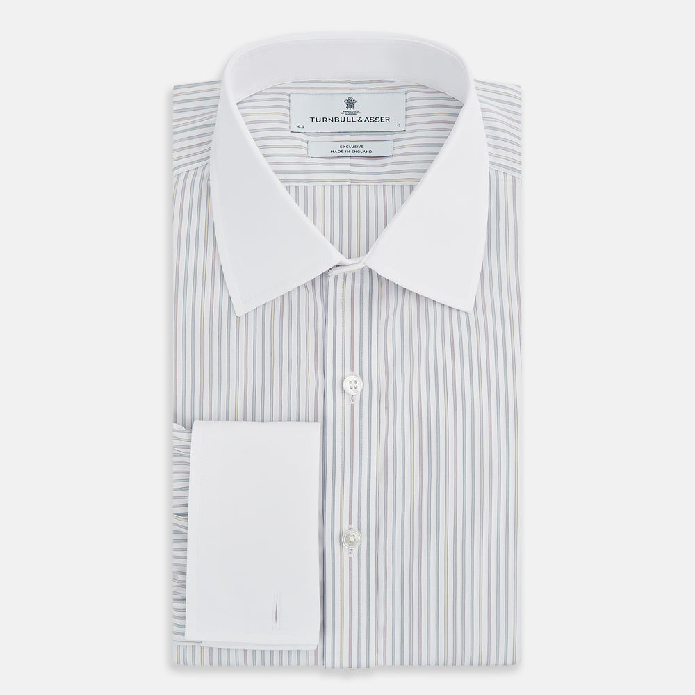 The Turnbull & Asser Multicoloured Music Stripe Shirt features a classic fit, contrast collar, and double cuffs—an elegant British design displayed on a plain light background.