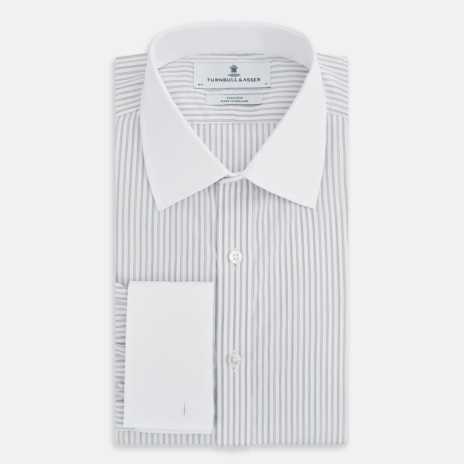View 5 of product The Turnbull & Asser Multicoloured Music Stripe Shirt features a classic fit, contrast collar, and double cuffs—an elegant British design displayed on a plain light background.