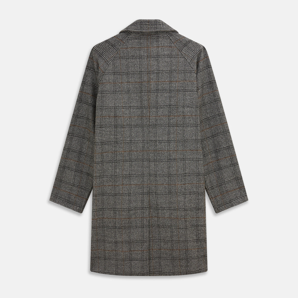 The Turnbull & Asser Grey Multi Check Wool Bernard Car Coat features a collar, three front buttons, long sleeves, and knee-length Prince of Wales check wool, shown against a white background.
