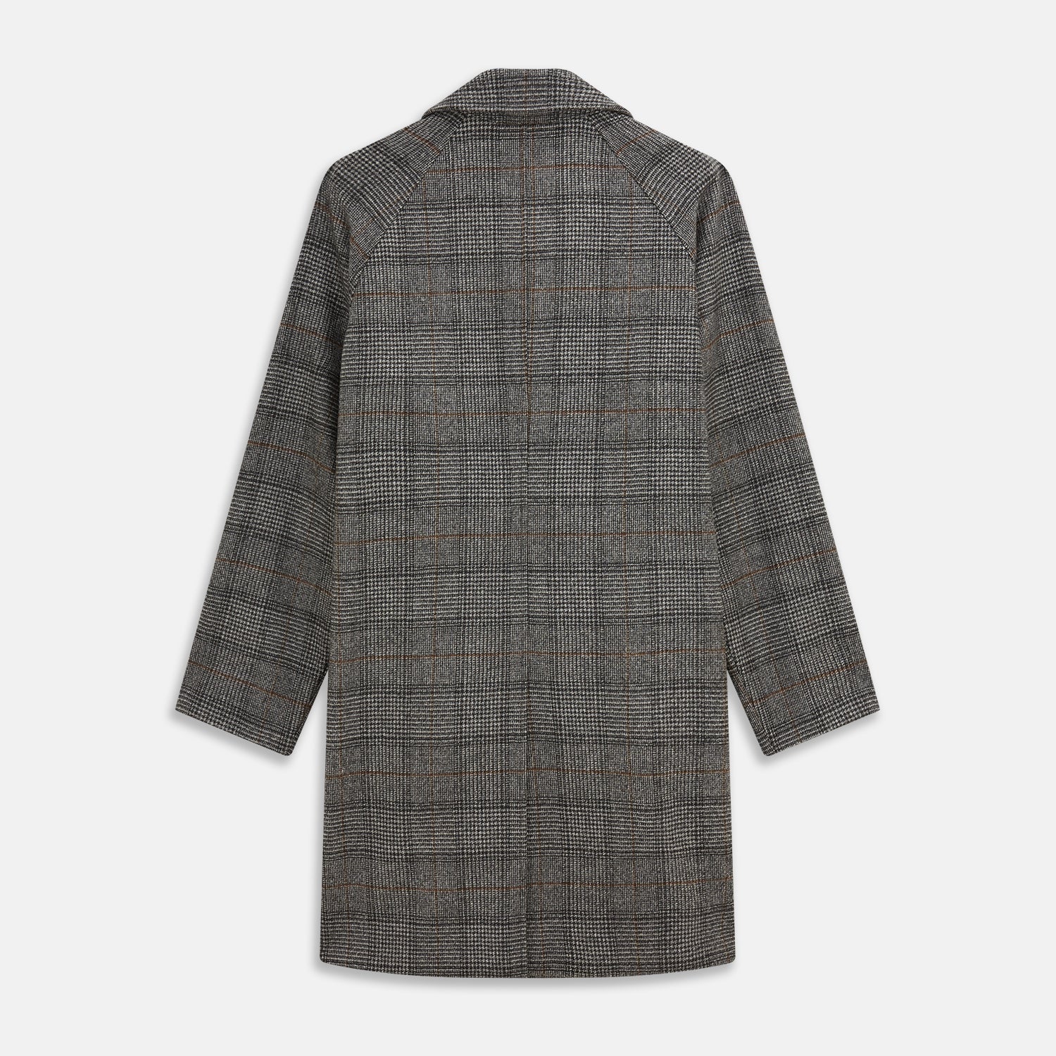 View 3 of product The Turnbull & Asser Grey Multi Check Wool Bernard Car Coat features a collar, three front buttons, long sleeves, and knee-length Prince of Wales check wool, shown against a white background.