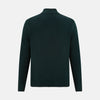 View 3 of product The Turnbull & Asser Forest Green Merino High Neck Zipped Cardigan features long sleeves, a ribbed high neck, cuffs, and hem, shown against a plain white background.