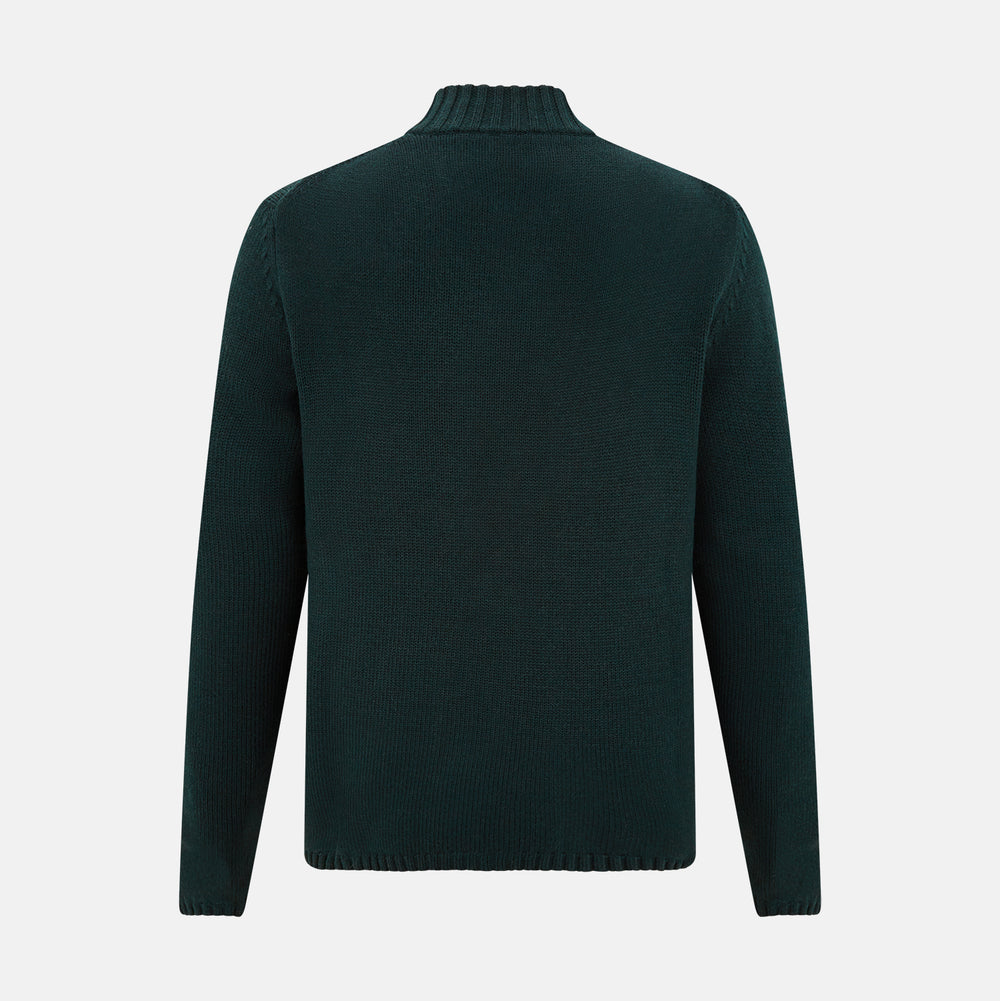 The Turnbull & Asser Forest Green Merino High Neck Zipped Cardigan features long sleeves, a ribbed high neck, cuffs, and hem, shown against a plain white background.