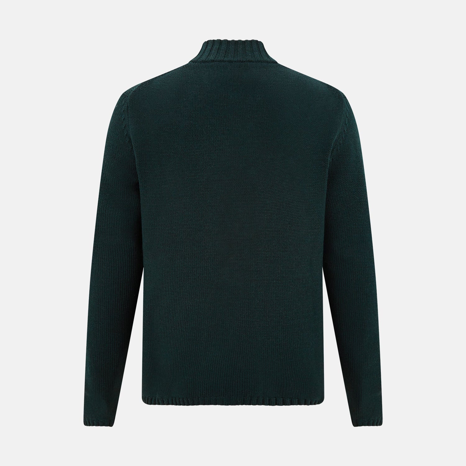 View 3 of product The Turnbull & Asser Forest Green Merino High Neck Zipped Cardigan features long sleeves, a ribbed high neck, cuffs, and hem, shown against a plain white background.
