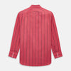 View 3 of product The Coral Red Track Stripe Mayfair Shirt by Turnbull & Asser features long sleeves, button-up front, a classic T&A collar, and buttoned cuffs in vibrant Italian cotton with vertical black pinstripes, shown on a plain white background.