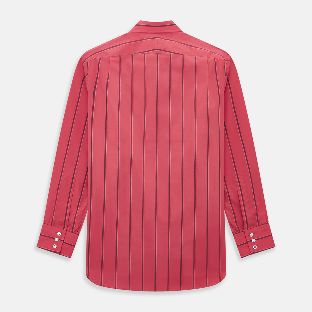 The Coral Red Track Stripe Mayfair Shirt by Turnbull & Asser features long sleeves, button-up front, a classic T&A collar, and buttoned cuffs in vibrant Italian cotton with vertical black pinstripes, shown on a plain white background.