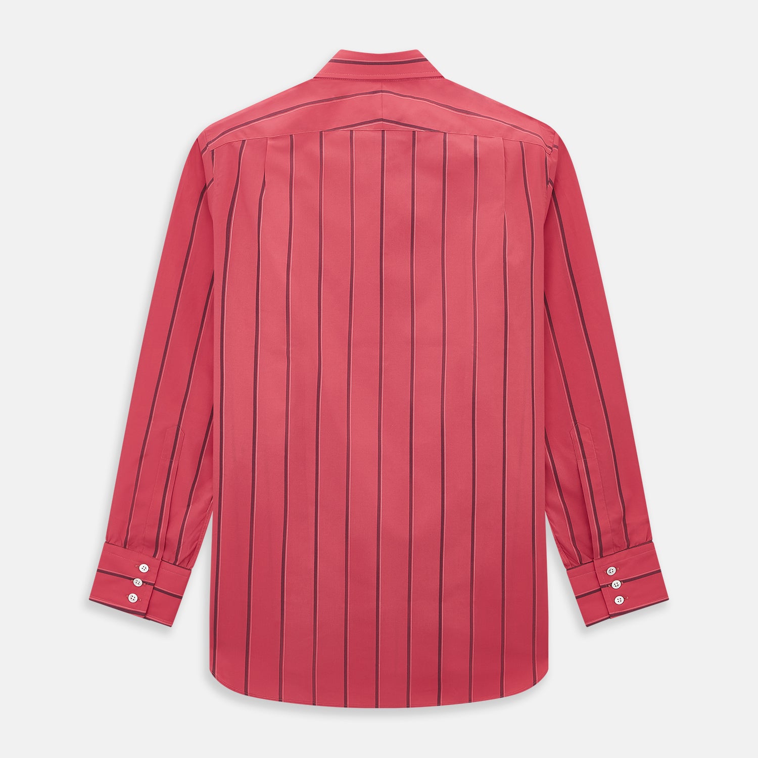 View 3 of product The Coral Red Track Stripe Mayfair Shirt by Turnbull & Asser features long sleeves, button-up front, a classic T&A collar, and buttoned cuffs in vibrant Italian cotton with vertical black pinstripes, shown on a plain white background.