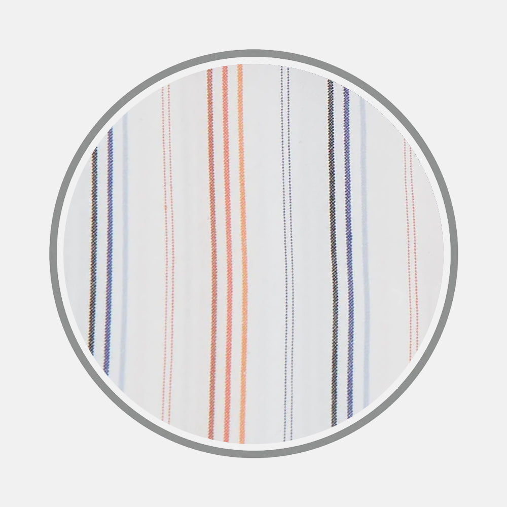 Close-up of Turnbull & Asser's Orange and Blue Multi Stripe Fabric, featuring white fabric with vertical stripes in light orange, navy blue, and black, displayed inside a circular frame with a gray border.