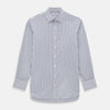 View 1 of product The Turnbull & Asser Blue Multi Wide Track Stripe Mayfair Shirt is a long-sleeve, button-up shirt with a classic collar and vertical blue and white stripes, shown on a white background.
