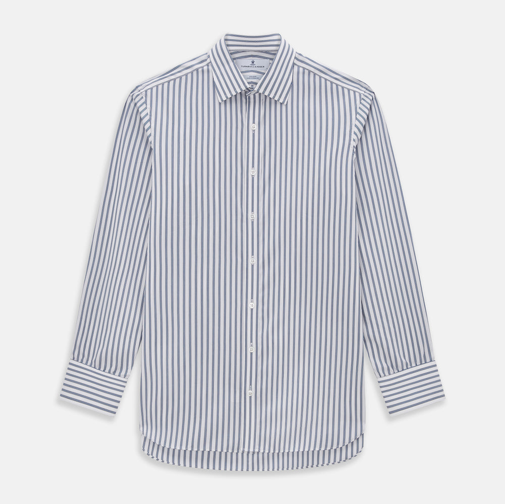 The Turnbull & Asser Blue Multi Wide Track Stripe Mayfair Shirt is a long-sleeve, button-up shirt with a classic collar and vertical blue and white stripes, shown on a white background.