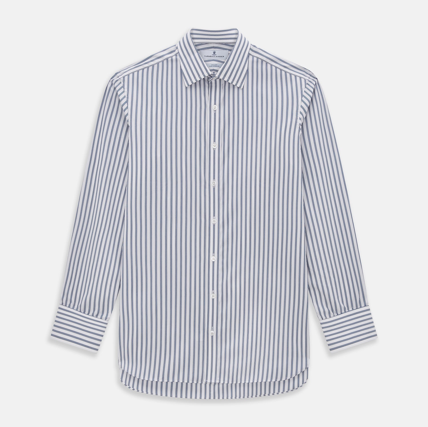 View 1 of product The Turnbull & Asser Blue Multi Wide Track Stripe Mayfair Shirt is a long-sleeve, button-up shirt with a classic collar and vertical blue and white stripes, shown on a white background.