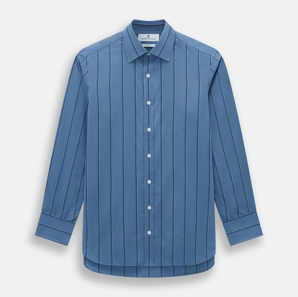 The Turnbull & Asser Steel Grey and Navy Track Stripe Mayfair Shirt features long sleeves, a collar, white buttons, and a relaxed fit, shown on a plain white background.