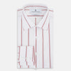 View 5 of product The Turnbull & Asser Dark Red Track Stripe Mayfair Shirt is crafted from Italian cotton, featuring a pointed collar and buttoned cuffs. Displayed against a plain light background.