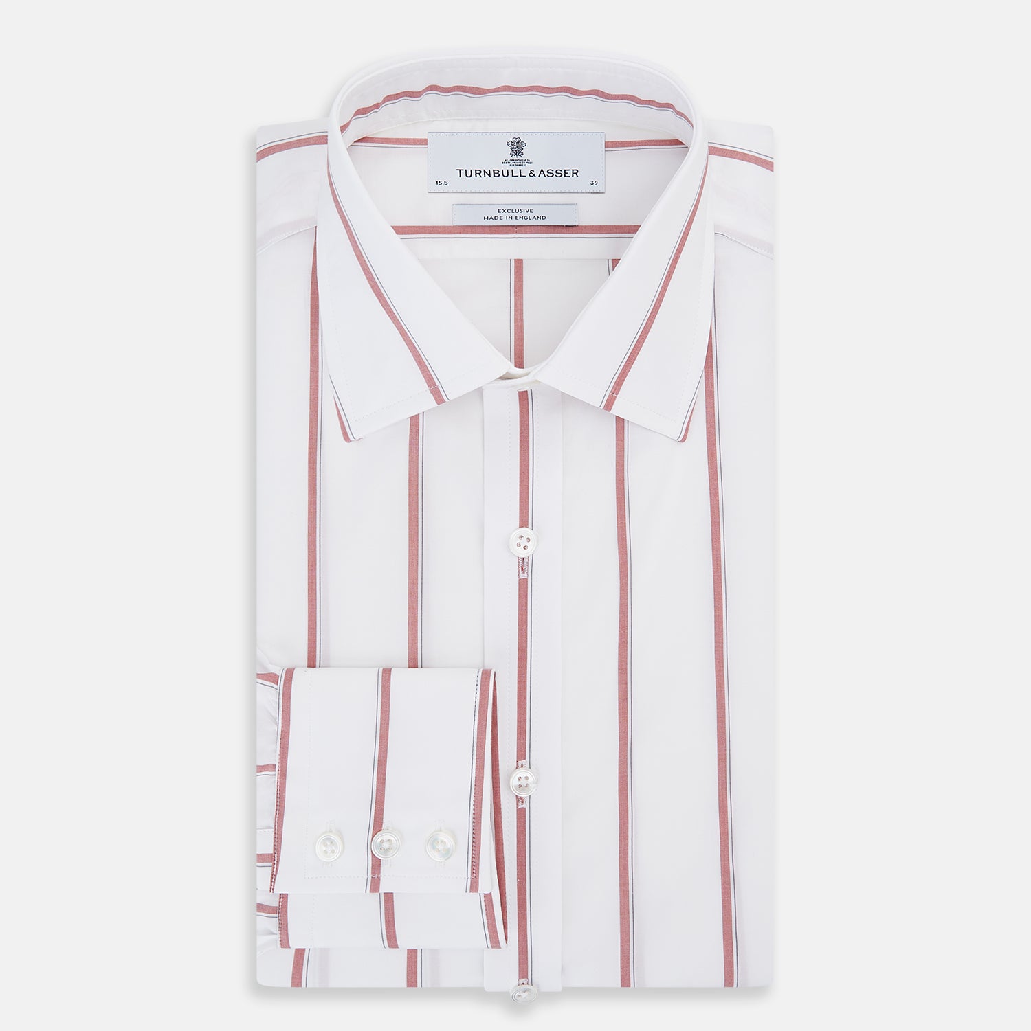 View 5 of product The Turnbull & Asser Dark Red Track Stripe Mayfair Shirt is crafted from Italian cotton, featuring a pointed collar and buttoned cuffs. Displayed against a plain light background.