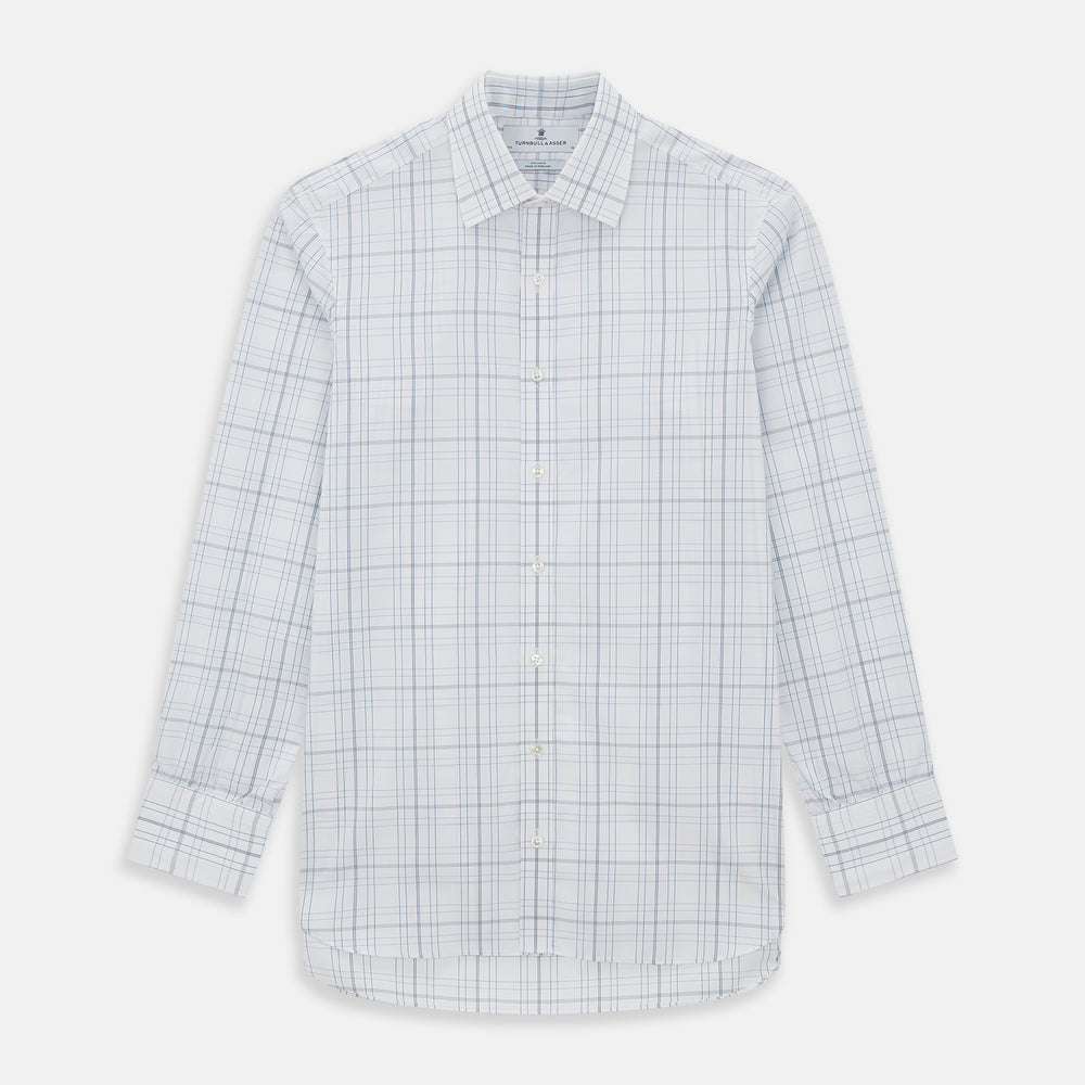 The Turnbull & Asser Blue and Grey Multi Check Mayfair Shirt features a T&A collar, cuffed long sleeves, and a light blue and gray plaid pattern on white.