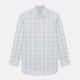 The Turnbull & Asser Blue and Grey Multi Check Mayfair Shirt features a T&A collar, cuffed long sleeves, and a light blue and gray plaid pattern on white.