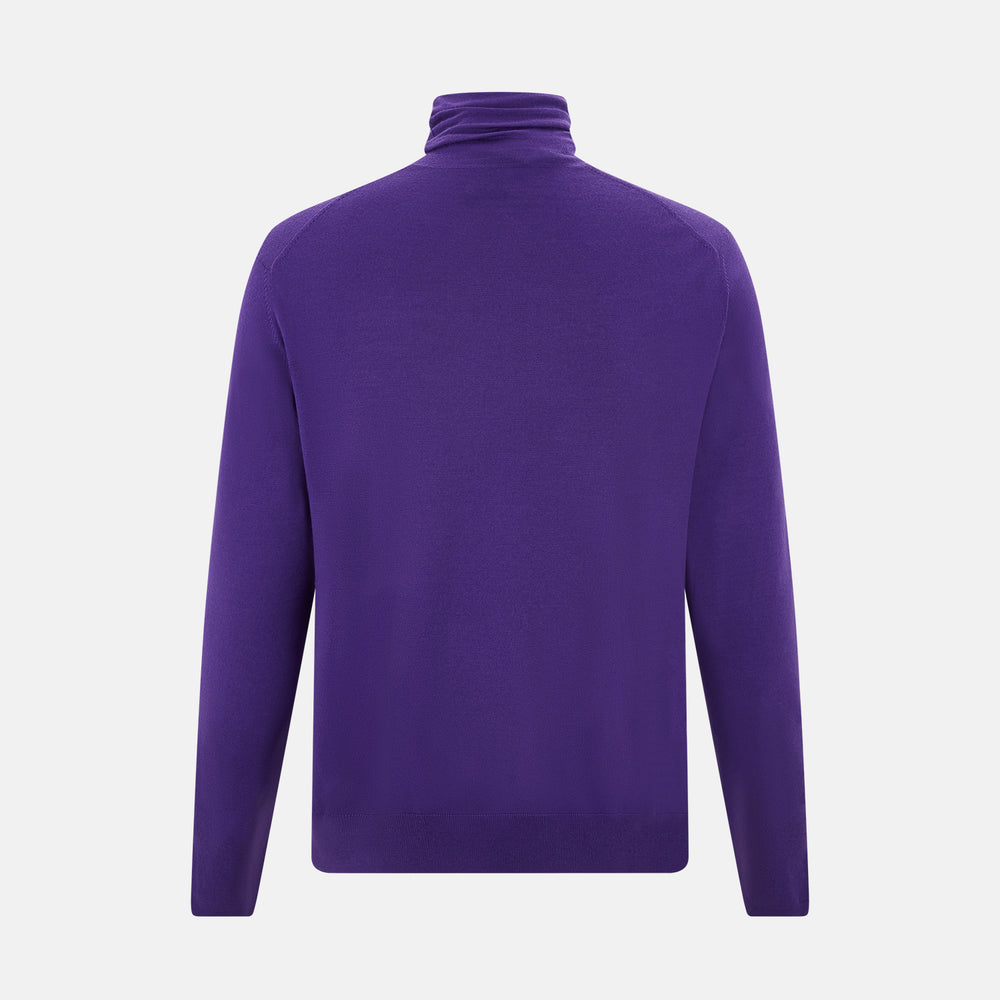 The Turnbull & Asser Purple Fine Merino High Neck Jumper is shown on a white background, featuring a plain, long-sleeved design that highlights the classic elegance of Italian knitwear.
