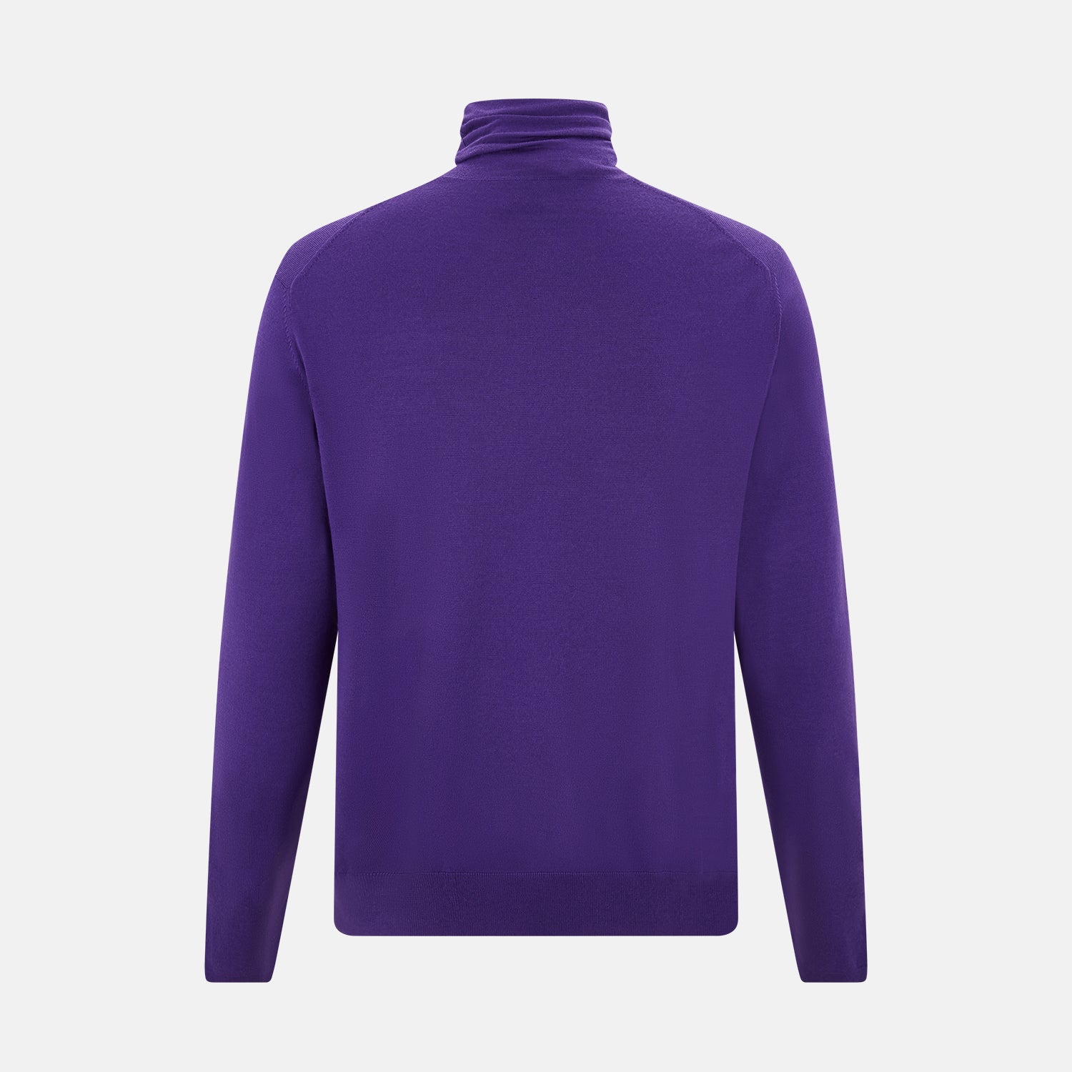 View 3 of product The Turnbull & Asser Purple Fine Merino High Neck Jumper is shown on a white background, featuring a plain, long-sleeved design that highlights the classic elegance of Italian knitwear.