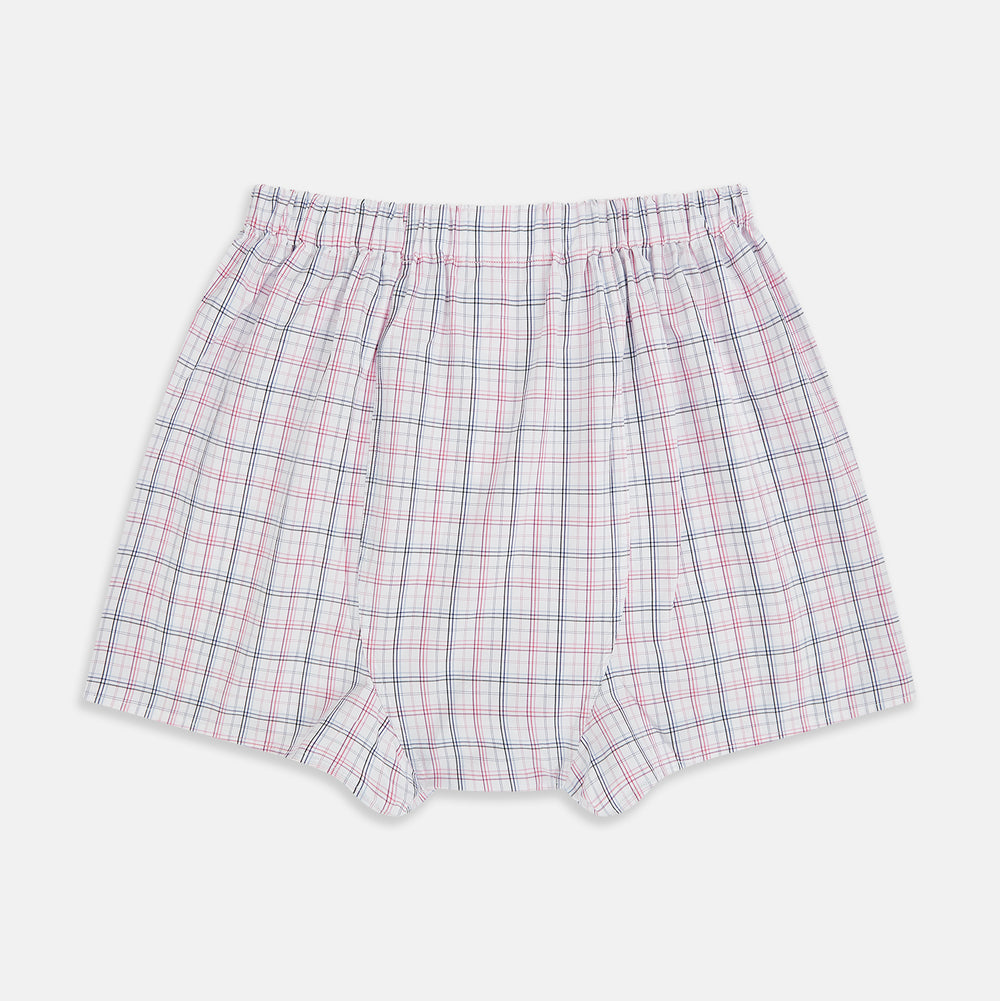 Turnbull & Asser Pink Multi Graph Check Godfrey Boxer Shorts are men's designer boxers with an elastic waistband and multi-color plaid, crafted for comfort and shown laid flat on a white background.