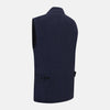 View 4 of product Turnbull & Asser Navy Collared Linen Waistcoat features a tailored fit, sleeveless design, button-up front, left chest pocket, and two zippered side pockets, shown against a plain white background.