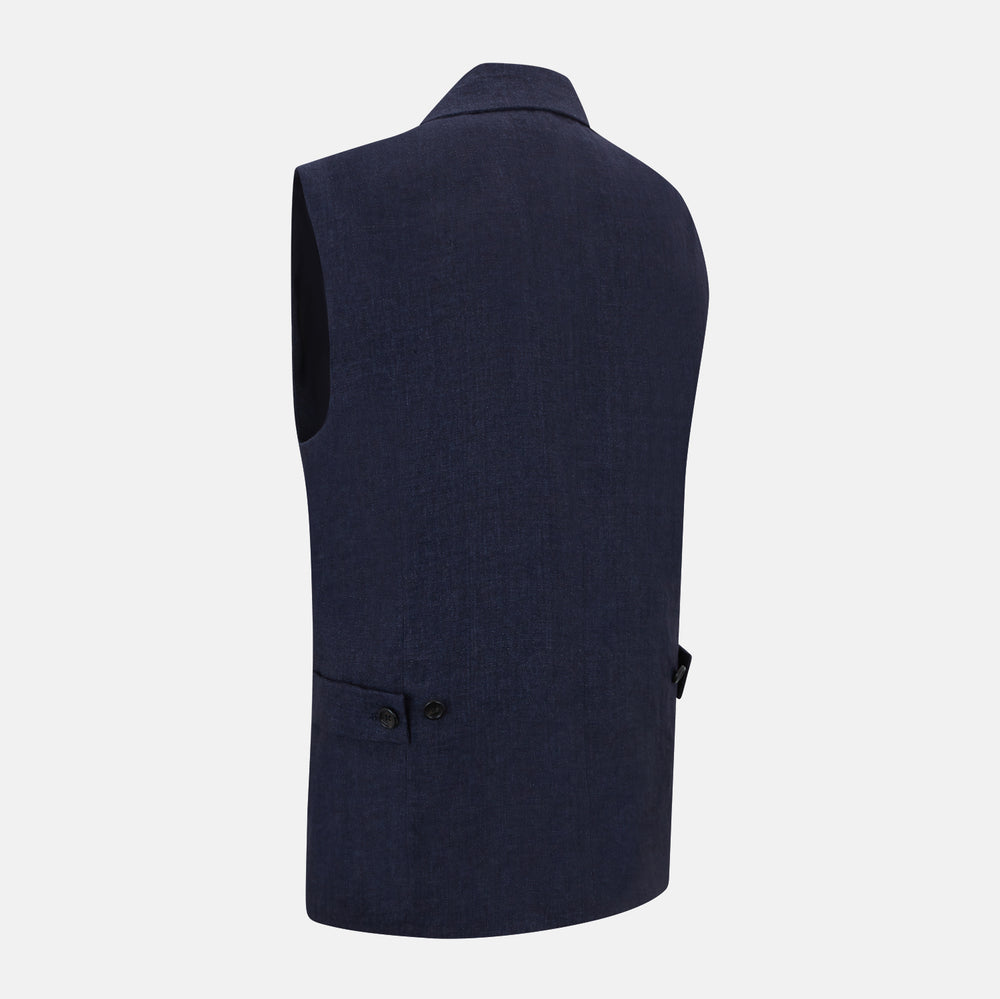 Turnbull & Asser Navy Collared Linen Waistcoat features a tailored fit, sleeveless design, button-up front, left chest pocket, and two zippered side pockets, shown against a plain white background.