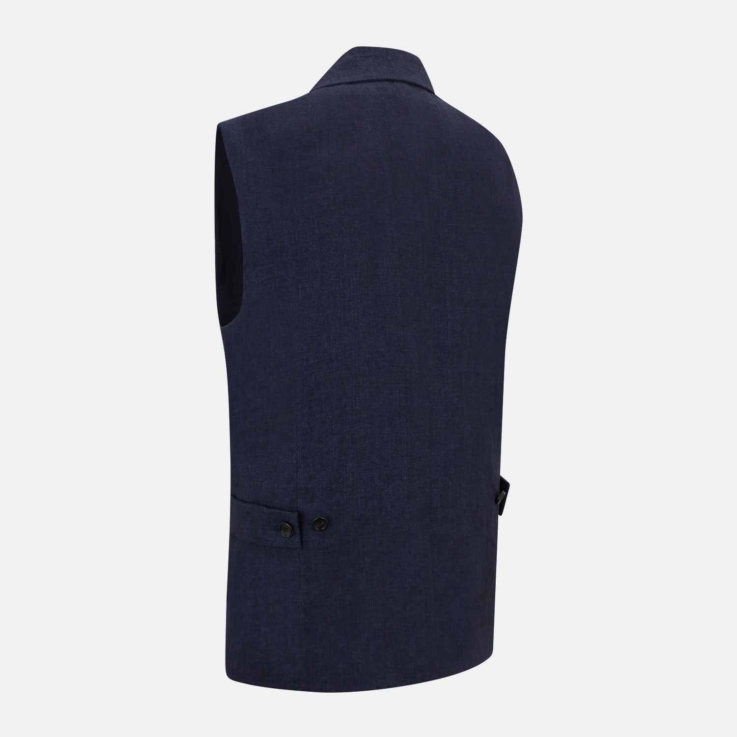 View 4 of product Turnbull & Asser Navy Collared Linen Waistcoat features a tailored fit, sleeveless design, button-up front, left chest pocket, and two zippered side pockets, shown against a plain white background.