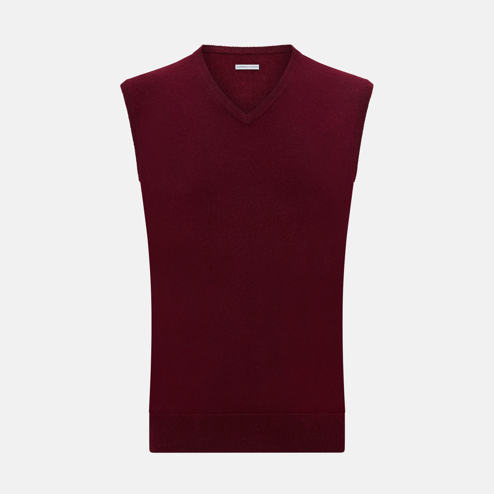 The Turnbull & Asser Burgundy Cashmere V-Neck Vest for men is a stylish, sleeveless knit sweater displayed on a plain white background.