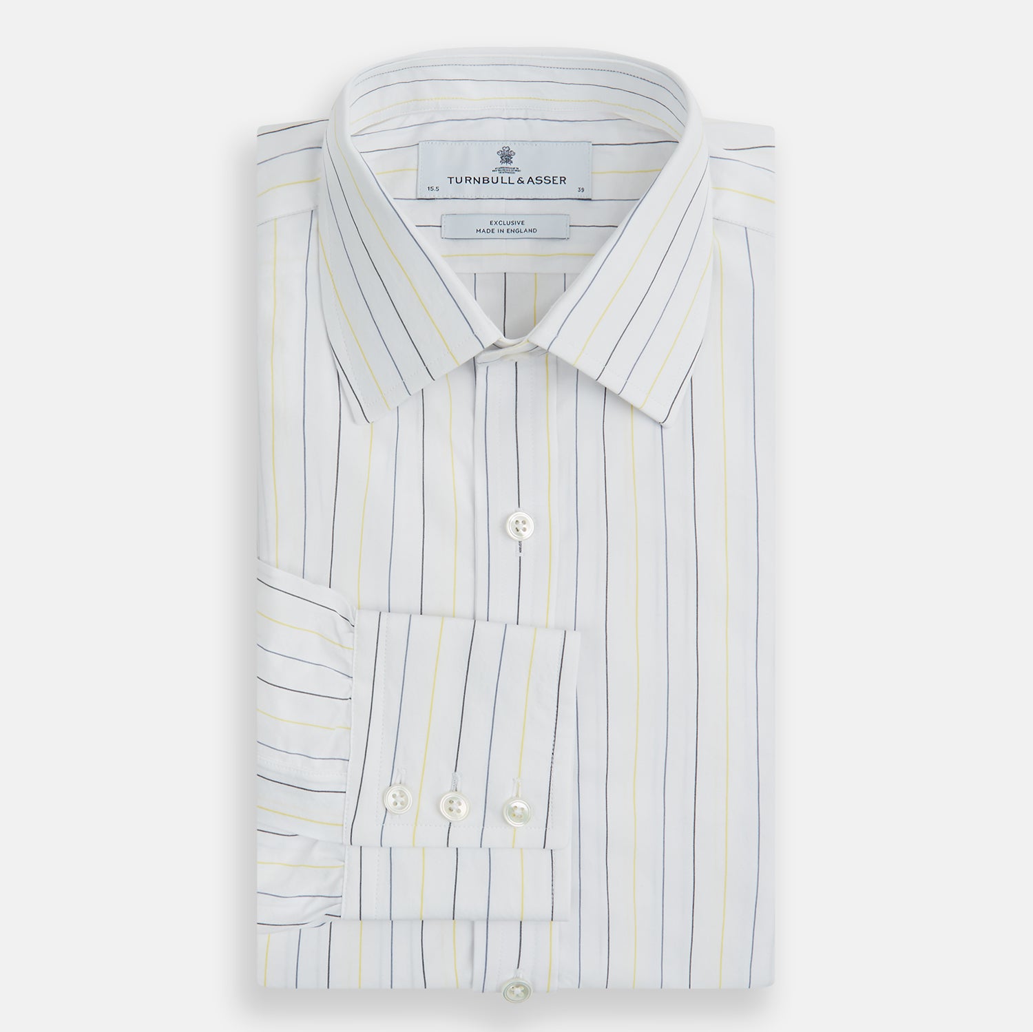 View 5 of product The Navy and Yellow Wide Pinstripe Mayfair Shirt by Turnbull & Asser is a long-sleeve, button-up shirt with wide navy and yellow pinstripes, a collar, and buttoned cuffs, laid flat on a white surface.