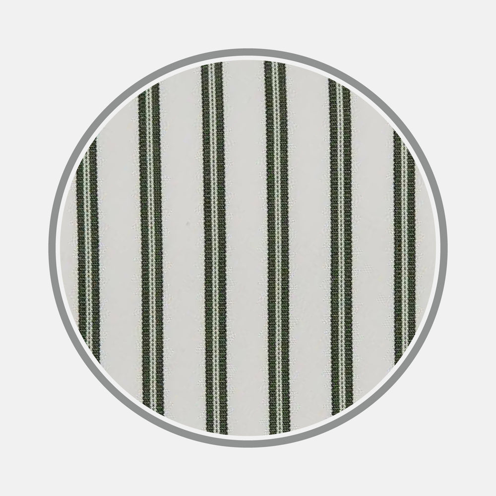 A close-up of Turnbull & Asser's Green Stripe Cotton Fabric, featuring evenly spaced vertical dark green and thin black stripes on white, framed by a gray circular border.