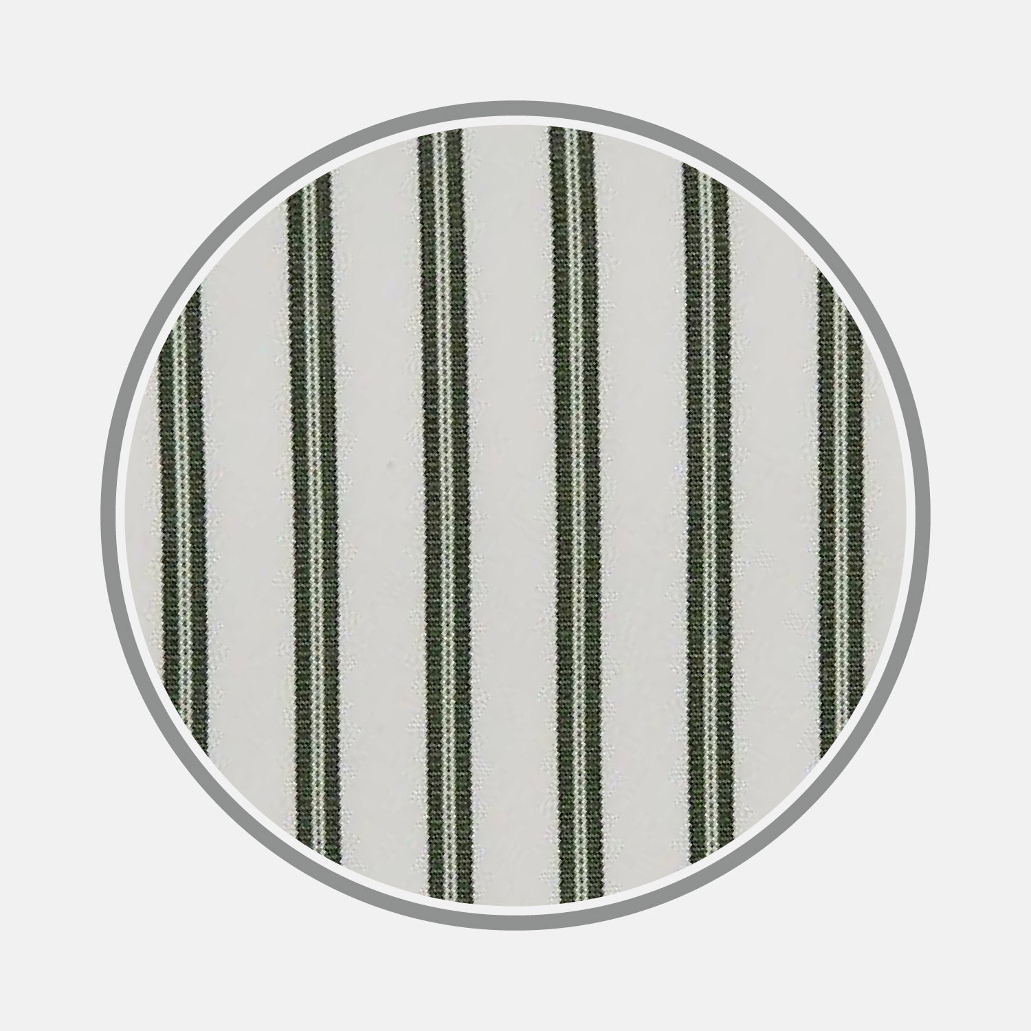 View 1 of product A close-up of Turnbull & Asser's Green Stripe Cotton Fabric, featuring evenly spaced vertical dark green and thin black stripes on white, framed by a gray circular border.