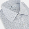 View 2 of product The Turnbull & Asser Navy and Blue Multi Grid Check Mayfair Shirt is a long-sleeve, button-up Italian cotton shirt with a collar and cuffs, featuring a blue grid check pattern, shown against a plain white background.