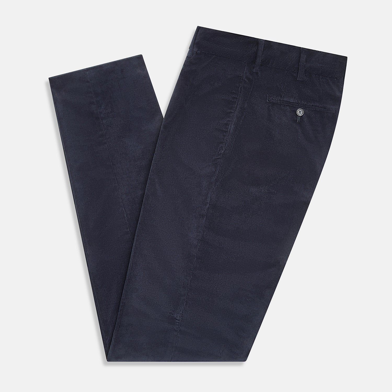 View 5 of product Turnbull & Asser’s Navy Corduroy Edward Trousers feature a straight-leg cut, button closure, and side pockets, shown on a plain white background.
