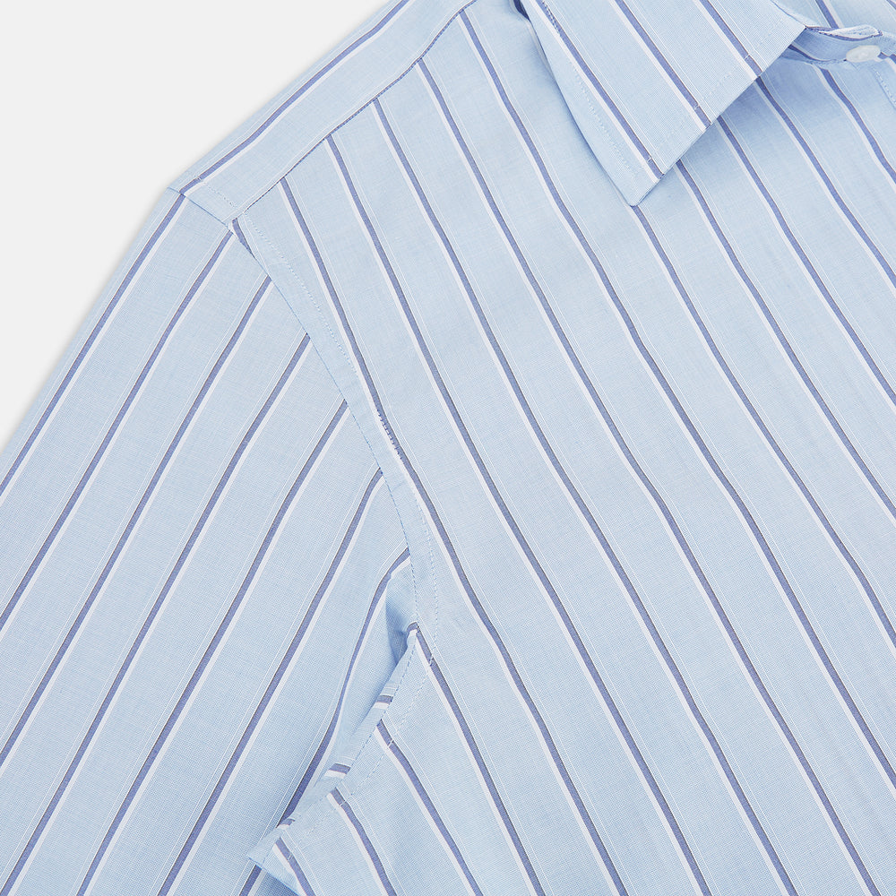 The Blue and Navy Multi-Stripe Westminster Shirt by Turnbull & Asser, featuring bold vertical stripes and a classic collar, exemplifies British craftsmanship and is shown laid flat on a white background.