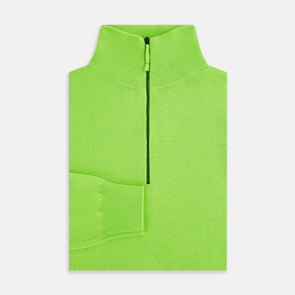 The Turnbull & Asser Neon Green Half-Zip Cashmere Jumper features long sleeves, a high collar, and front half-zip closure—ideal knitwear for bold style, shown on a white background.