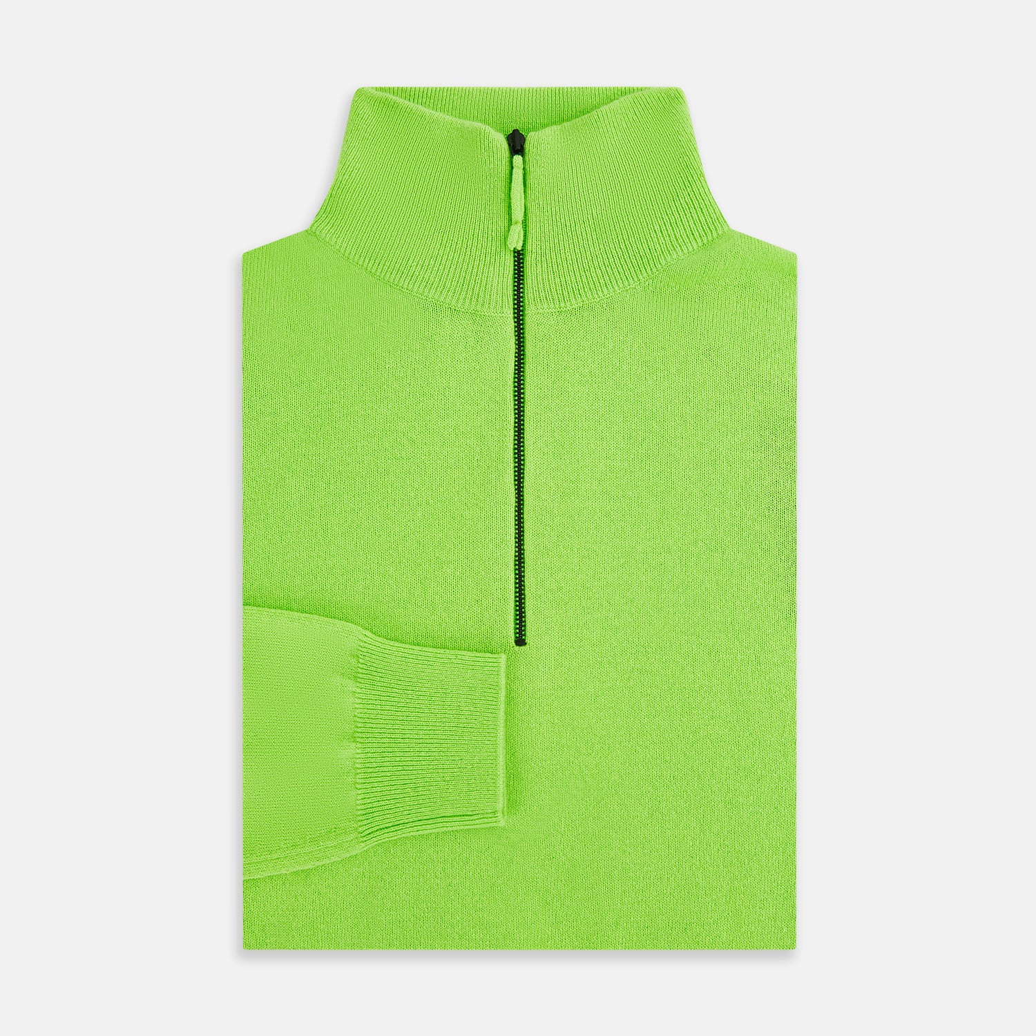 View 4 of product The Turnbull & Asser Neon Green Half-Zip Cashmere Jumper features long sleeves, a high collar, and front half-zip closure—ideal knitwear for bold style, shown on a white background.