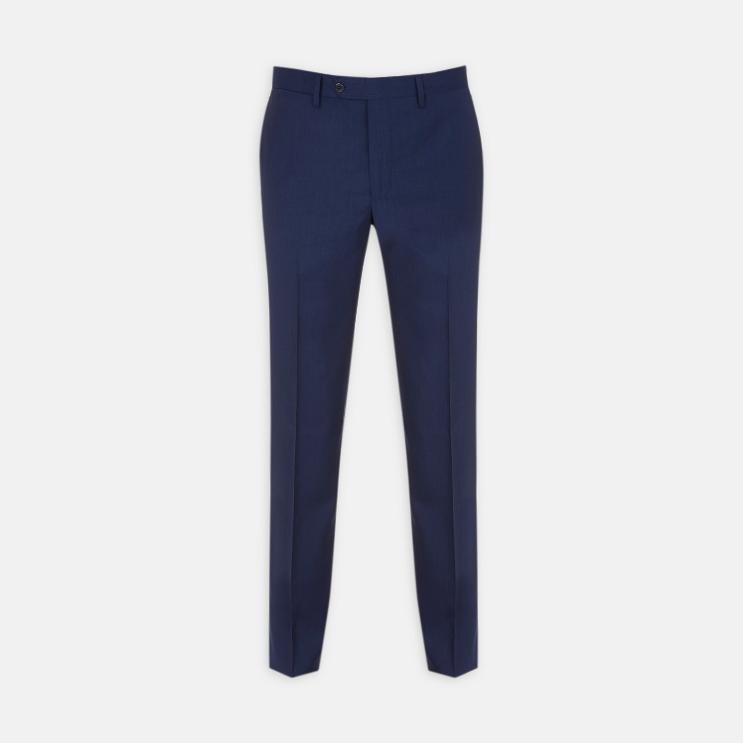 View 1 of product Turnbull & Asser Blue Wool Trousers feature a tailored fit, button and zip closure, front creases, and belt loops, shown on a flat white background.