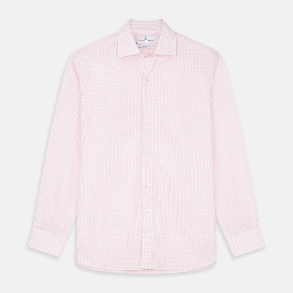 The Turnbull & Asser Pink Windowpane Check Shirt features long sleeves, a button-down front, pointed collar, and buttoned cuffs—an elegant addition to any formal shirt collection.