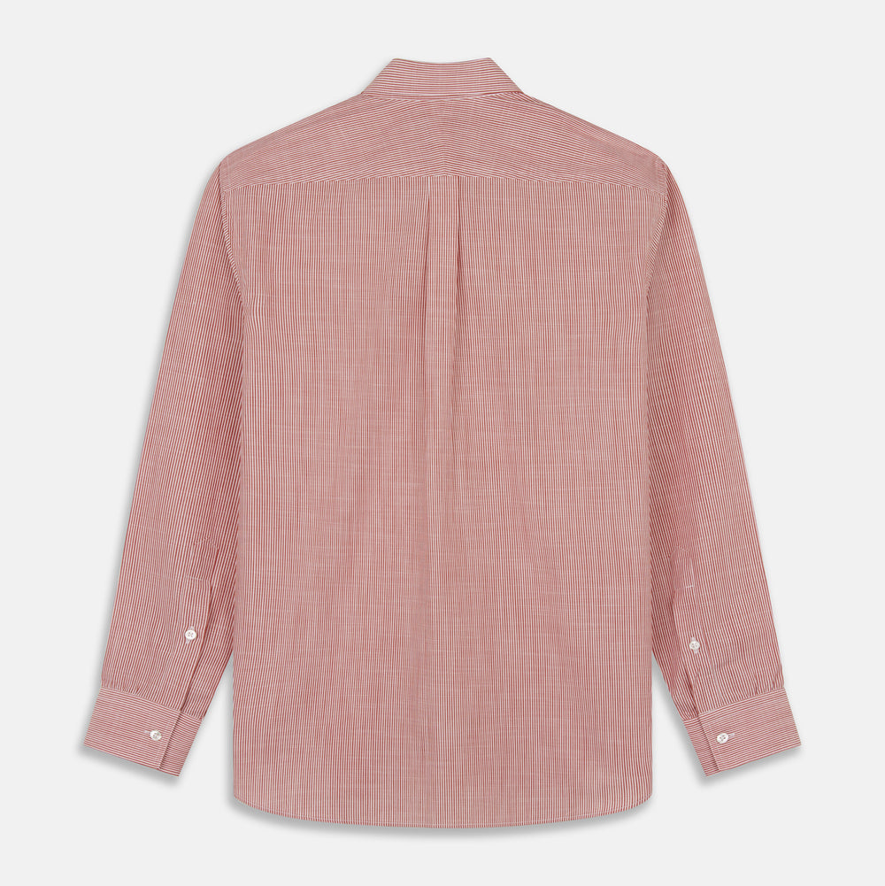 The Turnbull & Asser Dark Red Chambray Stripe Weekend Fit Shirt with a Dorset collar features striped cotton, two chest pockets with button flaps, and white front and cuff buttons—perfect for a relaxed yet stylish weekend look.