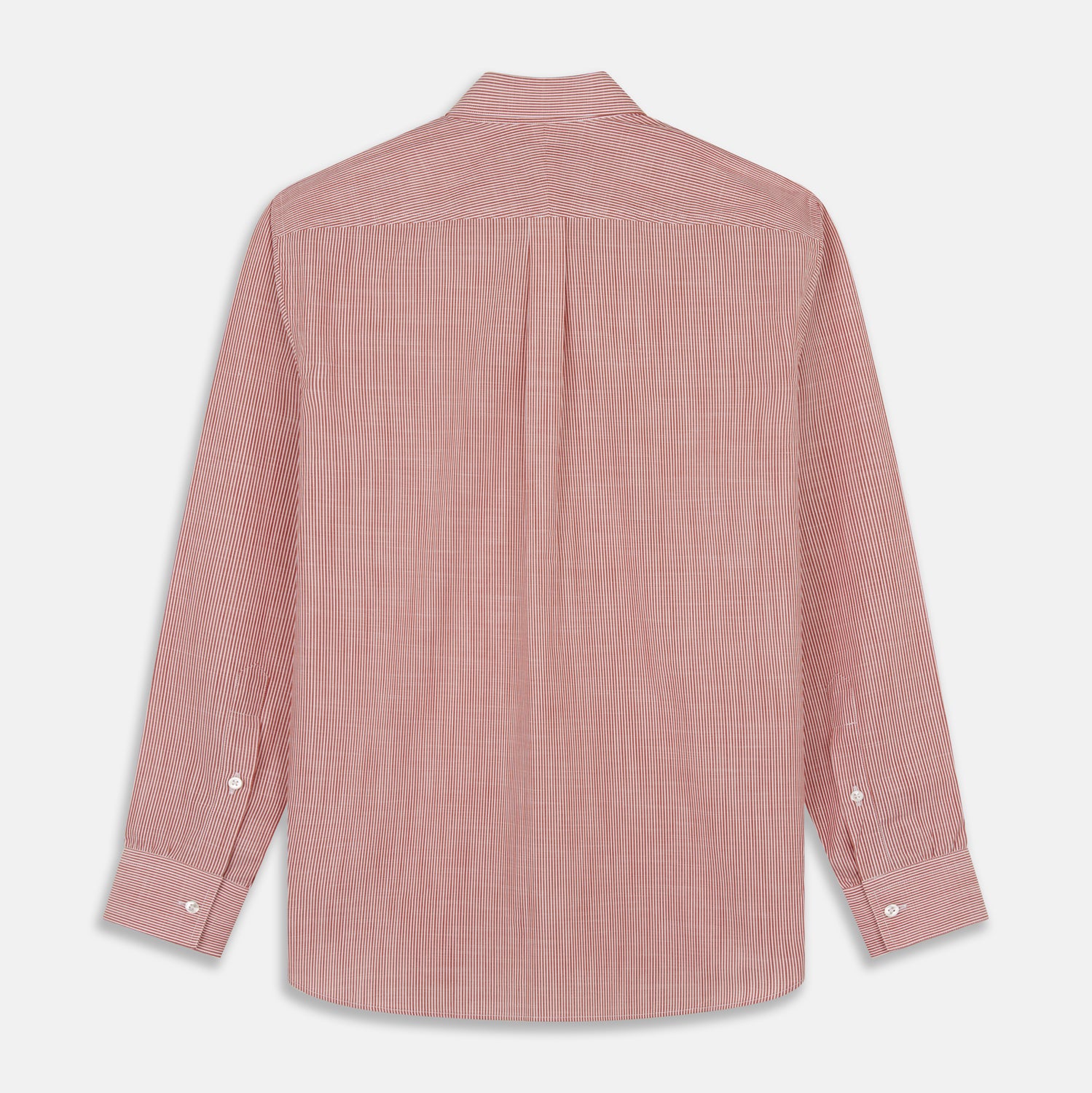 View 7 of product The Turnbull & Asser Dark Red Chambray Stripe Weekend Fit Shirt with a Dorset collar features striped cotton, two chest pockets with button flaps, and white front and cuff buttons—perfect for a relaxed yet stylish weekend look.