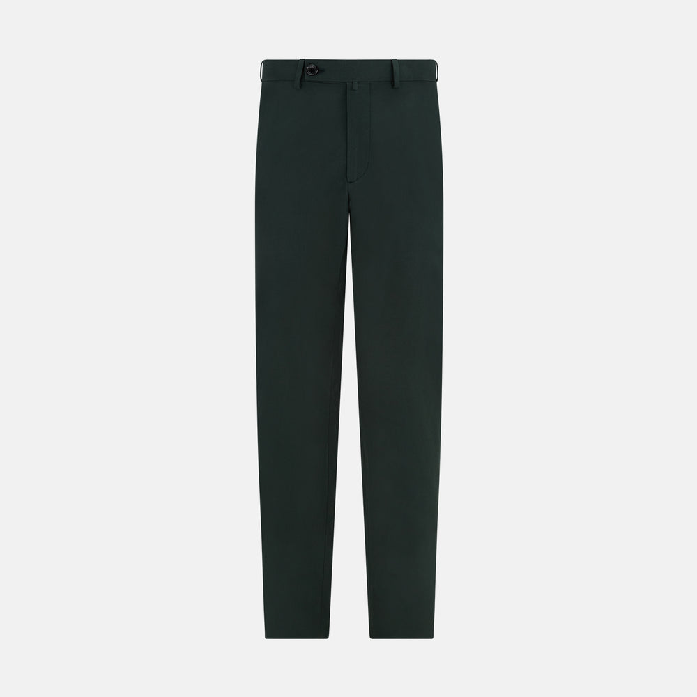 The Hunter Green Winston Trousers by Turnbull & Asser are crafted in high-twist cotton with straight legs, belt loops, button closure, and front zipper, shown against a plain light background.